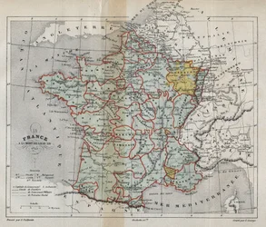 Mapa Francji w chwili śmierci Ludwika XIV w 1715 roku. Rycina w Historii Francji Victora Duruy (1811-1894), 1882