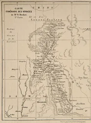 Mapa Laosu i rzeki Mekong przedstawiająca trasę podróży Henri Mouhota, ilustracja z Podróży po środkowych częściach Indochin (Syjamu), Kambodży i Laosu w latach 1858, 1859,