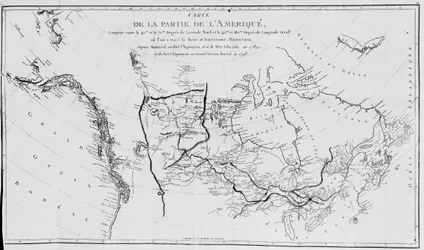 Mapa Ameryki Północnej przedstawiająca wyprawy Sir Alexandra Mackenziego w latach 1789 i 1798 na Ocean Arktyczny