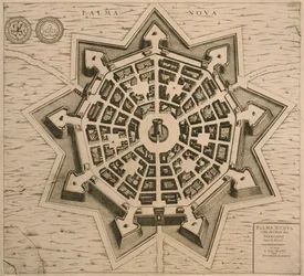 Mapa Palmanova, z Les Villes de Venetie, 1704, opublikowana przez Rutgerta Albertsa w Hadze