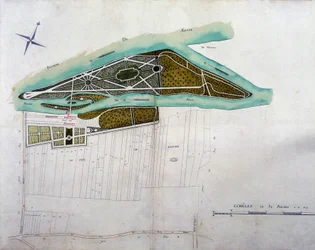 Mapa ogrodu Moulin Joly. Tablica z atlasu planów terytorium Colombes (1780), przechowywana w Archiwum Narodowym.