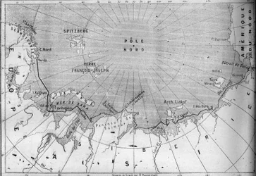 Mapa podróży „Vegi”” nakreślona przez odkrywcę Nilsa Adolfa Erika (Erica) Barona Nordenskjolda (Nordenskiolda) (1832-1901). W 1878 Nordenskjold przeszedł z Oceanu Atlantyckiego do Oceanu Spokojnego wzdłuż wybrzeża Syberii. Grawerowanie w „” Le Monde Illust
