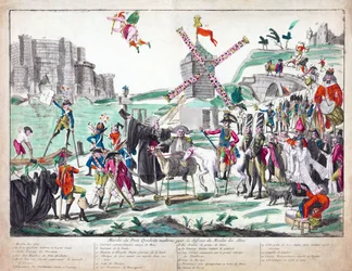 Marche du Don Quichotte Moderne pour la Défense du Moulin des Abus, wydanie 1791 (akwaforta ręcznie kolorowana)