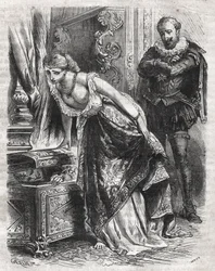 Małgorzata de Valois (1553-1615), znana jako królowa Margot, ukrywa w sejfie swojego kochanka, Juliena de Leris. Jej mąż, król Francji Henryk IV (1553-1610), z radością obserwuje tę scenę. 16 wiek. Grawerunek z 1871 roku w „Histoire Des Cocuses Celebres” a