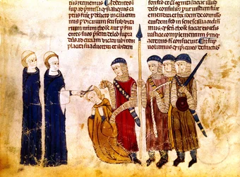 Małgorzata Burgundzka (1290-1315), żona francuskiego króla Ludwika X, ma obcięte włosy za cudzołóstwo (pergamin)