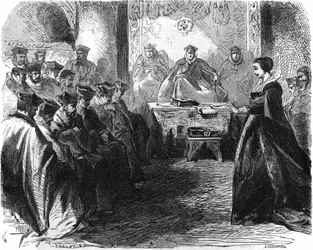 Marie Stuart (1542 = 1587) podczas sądu w 1587 r. W „Histoire de la France”, rycina z XIX wieku.
