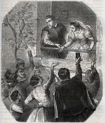 Ślub Martina Guerre (ok. 1524) i Bertrande de Rols w Artigat (Ariege) 15 maja 1539. Rycina z 1871 roku w „Histoire Des Cocuses Celebres” Henry de Kocka (1819-1892).
