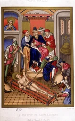 Męczeństwo św. Wawrzyńca (grill) po miniaturze średniowiecza, Francja XIV wiek.