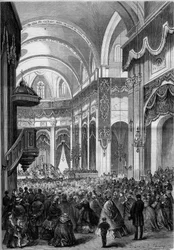 Msza Wszystkich Świętych odprawiona w kościele św. 1862. Grawer w „”Le Monde Illustré””n°291 z 8 listopada 1862.