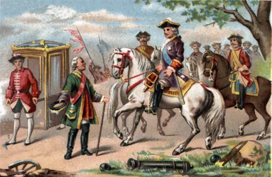 Maurycy saski, marszałek saski (1696-1750), zwycięski w bitwie pod Fontenoy, spotkał Ludwika XV z Francji (1710-1774). Chromolitografia około 1890 r.