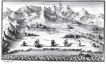 Pomiar południka, ilustracja z La Meridienne de Paris autorstwa Cesar-Francois Cassini de Thury, 1744