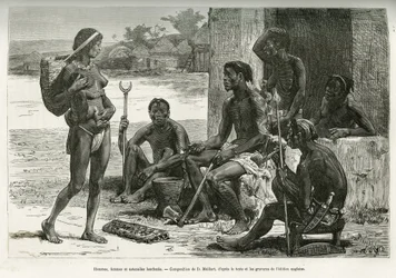 Mężczyźni, kobiety i naczynia (region Bihe, Rwanda). Grafika autorstwa D. Maillarta, ilustrująca opowieść o tym, jak przepłynąłem Afrykę, od Oceanu Atlantyckiego do Oceanu Indyjskiego, autorstwa majora Serpa Pinto, w latach 1877-1878, opublikowaną w Tour d