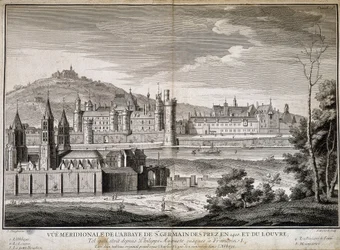 Widok południkowy opactwa Saint Germain des Pres i Luwru w 1410 r. - grawer