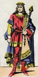 Dynastia Merowingów: Portret Thierry IV (713-737) Król Franków w latach 721-737. Obraz epinal z końca XIX wieku. Prywatna kolekcja.