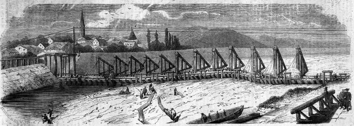 Zjawisko meteorologiczne: wysychanie Renu w 1858 r. Widok na most Kehl (Niemcy), z prądem francuskiego wybrzeża. Grawer w „Le Monde Illustré” nr 50 z 27 marca 1858 r.