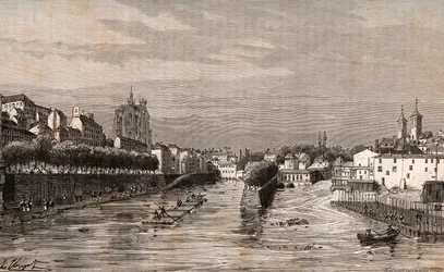 Metz - widok na port Saint-Georges - Moselle - rycina w „La France illustrée: geografia, historia, administracja statystyczna” autorstwa V.A. Malt-Browna. 1884