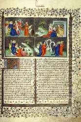 Miniatura ilustrująca sąd matek, przybycie królowej Saby, nauczanie Salomona i dysputę lekarzy, c.1410