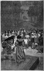 Moliere i jego trupa grająca przed królem Ludwikiem XIV i kardynałem Jules Mazarinem (Giulio Raimondo Mazzarino lub Mazarino) (1602-1661). Grawer w „The Illustrious World” 1886.