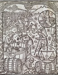 Miesiąc zbiorów, ze znakami zodiaku Panna i Waga, Grawerowanie z Le grand calendrier des bergers, Francja