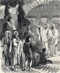 Mojżesz i Aaron odwiedzający faraona (Mojżesz i Aaron odwiedzający faraona) Rycina z „Historii Świętej” autorstwa Lahure, XIX wiek