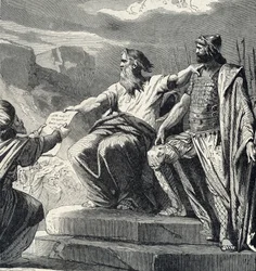 Mojżesz nakazujący ludowi Izraela uznanie władzy Jozuego (Mojżesz wybiera Jozuego na swojego następcę) Rycina z „Historii Świętej” autorstwa Lahure, XIX-wieczna kolekcja prywatna