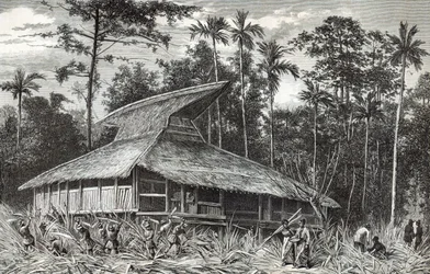 Meczet w Dodinga, Nowa Gwinea, ilustracja z magazynu Le Tour du Monde, 1879