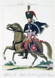 Oficer konny huzarów gwardii królewskiej, z Troupes Francaises, wyd. chez Basset, Paryż, ok. 1790