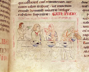 Ms.1215 t.3 fol.158v, Posiłek z Judith i Holofernes, z Biblii Etienne Harding, 1109