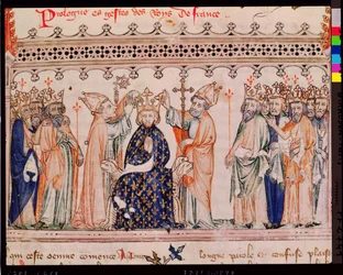 Ms.1469 f.1 Konsekracja Filipa III Śmiałego (1245-85) króla Francji, z Grandes Chroniques de France, 1375-79