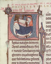 Ms.838 fol.55 Historyczne inicjały U i I przedstawiające szopkę i Dzieciątko Chrystus, z Obituaire de Notre Dame de Pres, po 1270 r. (patrz także 155905)