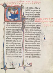 Ms.838 fol.55 Historyczne inicjały „U” i „I” przedstawiające szopkę i Dzieciątko Chrystusa, z „Obituaire de Notre Dame de Pres”, po 1270 r. (patrz także 155905)