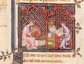 Ms 1044 Fol.16v Słowo, stwórca świata i autor piszący swoją księgę z Ovide Moralise napisanej przez Chretiena Legouais