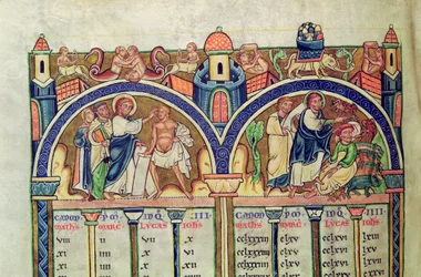 Ms 10 f.128v Kanon Ewangelistów, szczegół przedstawiający Chrystusa uzdrawiającego człowieka z opuchlizną i wypędzającego demony z opętanego człowieka, z Biblii łacińskiej