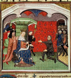 Ms. 1142 fol.4 Bertrand du Guesclin (ok.1320-80) przed Karolem V (1338-80) i jego dworem