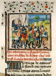 Ms 149 t.1 fol.45 Armia podczas kampanii, z Histoire des Nobles Princes de Hainaut, Jacques de Guise.
