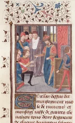 Ms 149 t.3 fol.95v Mianowanie dwóch rycerzy, z Histoire des Nobles Princes de Hainaut, Jacques de Guise