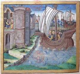 pani 1581 f. 326v Ilustracja z księgi XVI (od ukończenia świątyni przez Heroda do śmierci Aleksandra i Arystobula), rozdział 1 Starożytności Żydów (Antiquitates Judaicae) autorstwa Fl