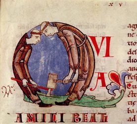 Ms 170 fol.59 Historyczny inicjał Q przedstawiający mnichów rąbiących drewno, z Moralii w Hiobie papieża Grzegorza Wielkiego