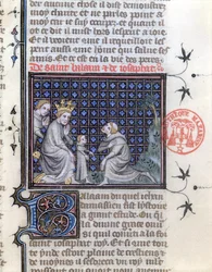 Ms 1729 Edukacja syna królewskiego, ilustracja do historii Balaama i Józefata z Legendy Aurea Jakuba da Varagine, c.1370