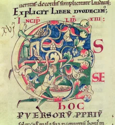 Ms 173 f.32 Historyczny inicjał E przedstawiający winobranie, z Moralia in Job autorstwa papieża Grzegorza Wielkiego