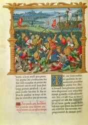 Ms 18 f.73v Król Edward III toczący wojnę w bitwie pod Crecy w 1346, z Pamiętników Filipa z Komun (1445-1509)