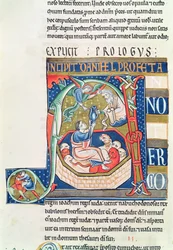 Ms 1 fol.185v Historyczny inicjał A przedstawiający Daniela w jaskini lwów, z Biblii Souvigny