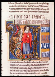 Ms 1 fol.193v Historyczny inicjał U przedstawiający Joela, z Biblii Souvigny