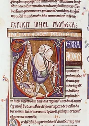 Ms 1 fol.194v Historyczny inicjał V przedstawiający Amosa, z Biblii Souvigny