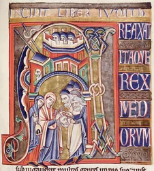 Ms 1 fol.292 Historyczny inicjał przedstawiający Judytę z głową Holofernesa, z Biblii Souvigny