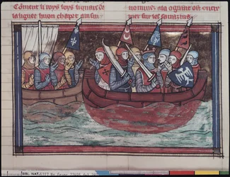 Ms 22495 fol.287 Zaokrętowanie za granicę, z Le Roman de Godefroi de Bouillon, 1337