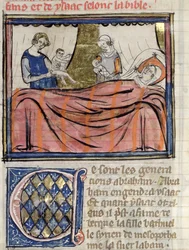 Ms 22 fol.30 Narodziny bliźniąt Jakuba i Ezawa, miniatura z Historii biblijnej Guiart des Moulins