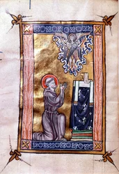 Ms 280 Św. Franciszek z Asyżu otrzymujący stygmaty od Chrystusa w postaci serafina z psałterza, ok. 1270