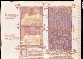 Ms 290 Tome 1 f.89v Tablica darów i menora, z Postilles sur la Bible autorstwa Nicolasa de Lyre