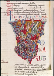Ms 2 full.41v Historyczny inicjał V przedstawiający scenę z Księgi Kapłańskiej, z Biblii św.
